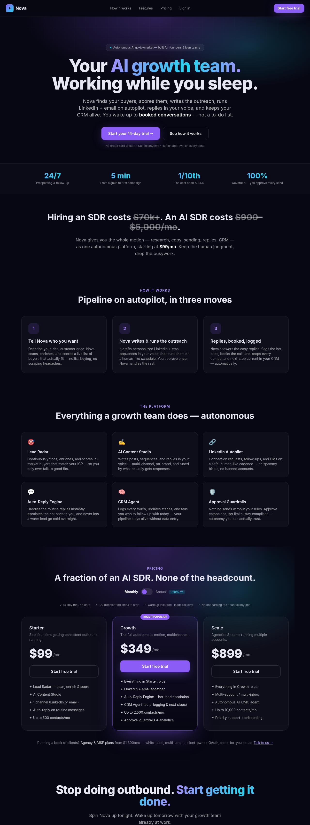 Nova AI growth platform landing interface